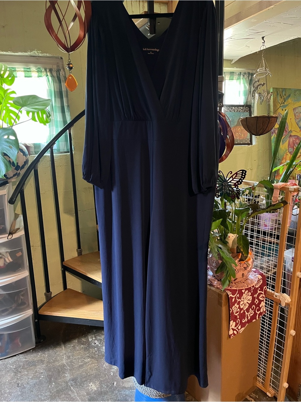 Soft Surroundings Navy Long-Sleeve V-Neck Jumpsuit Dress